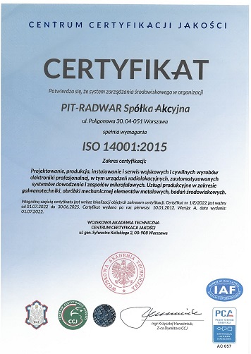 Certyfikat Systemu Jakości - ISO 14001-2015