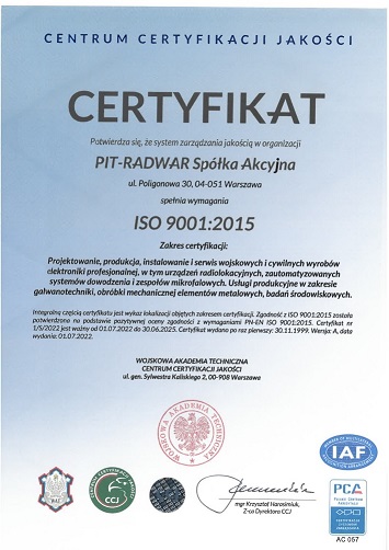 Certyfikat Systemu Jakości - ISO 9001-2015